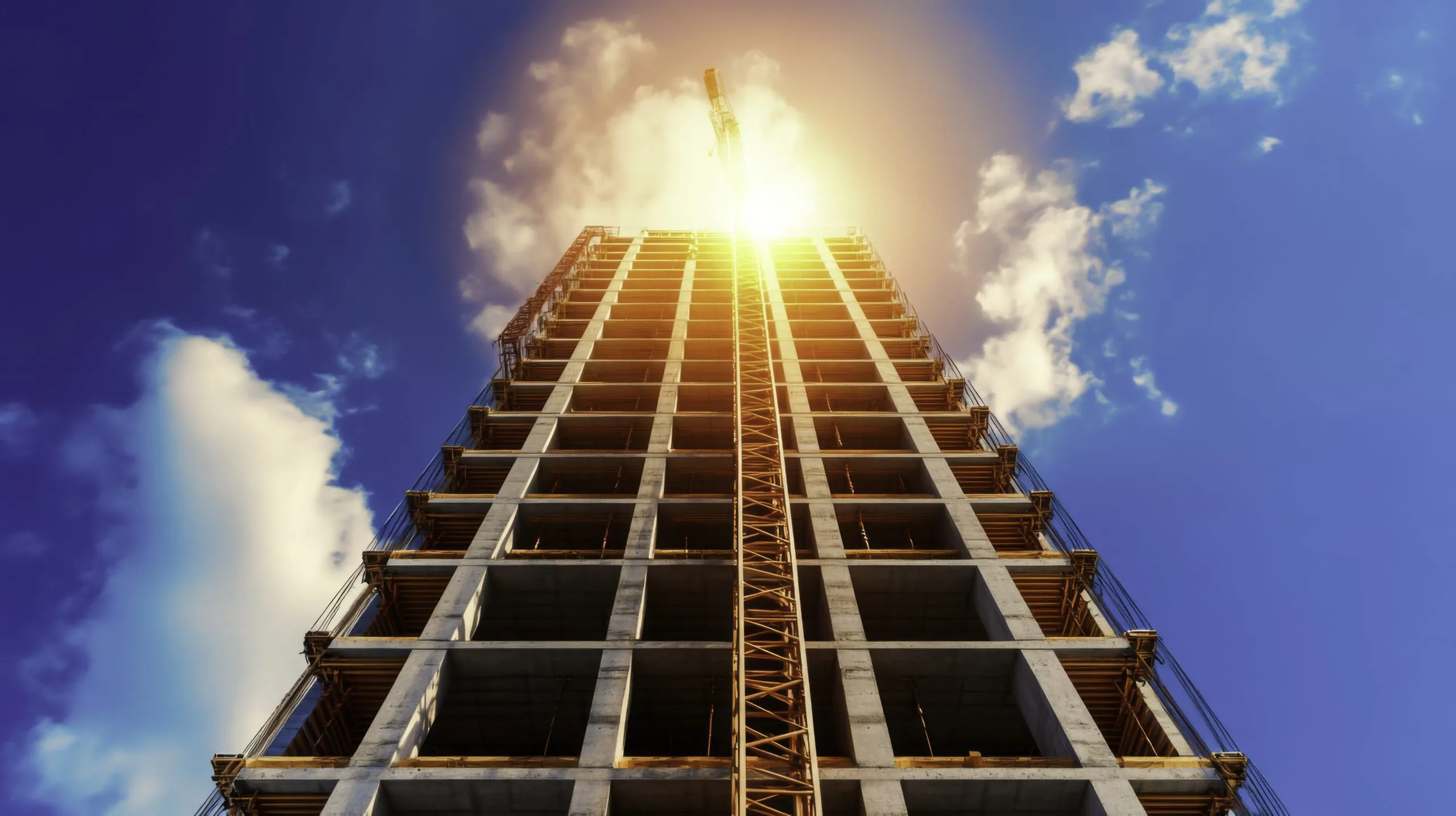 A tall construction site reaches towards a bright sun in a clear blue sky